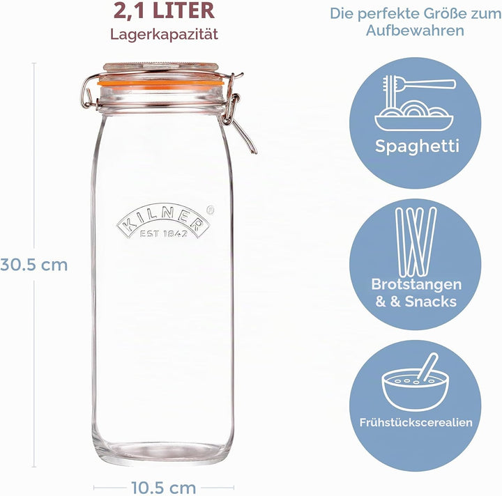 Kilner Einmachglas mit Bügelverschluss 2,1 L rund, Robustes luftdichtes Vorratsglas mit Edelstahlbüg