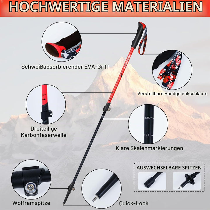 Ninonly Wanderstöcke faltbar Carbon, Nordic Walking Stöcke Damen &amp; Herren, Leichte Teleskop Wanderst