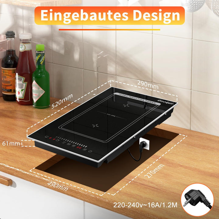 Induktionskochfeld 2 Platten mit Stecker Einbau 30CM, Herdplatte 2 Kochfelder mit Rahmen, 3500W, Kom