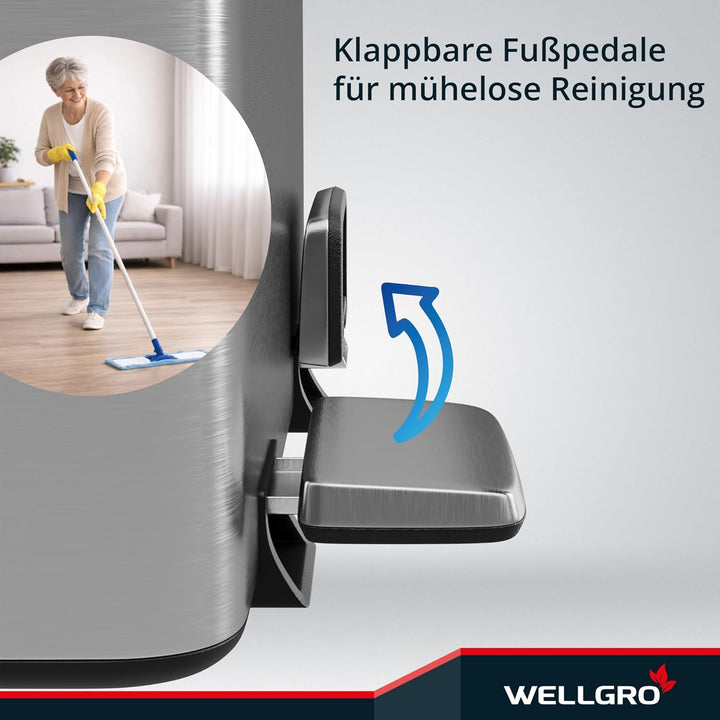 WELLGRO Treteimer, Mülleimer, Edelstahl Tretmülleimer mit 2 x 30 Liter, klappbaren Fusspedalen, Abse