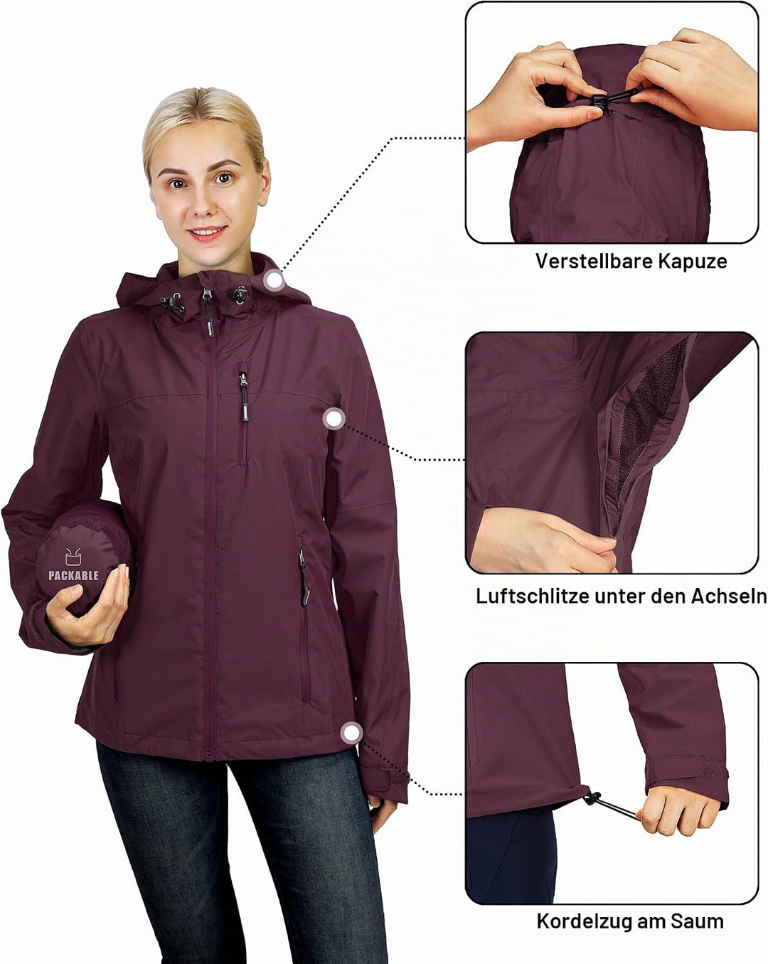 Outdoor Ventures Damen Regenjacke 10000MM Wasserdicht Leichte Gefüttert Packbar Sportjacke Funktions