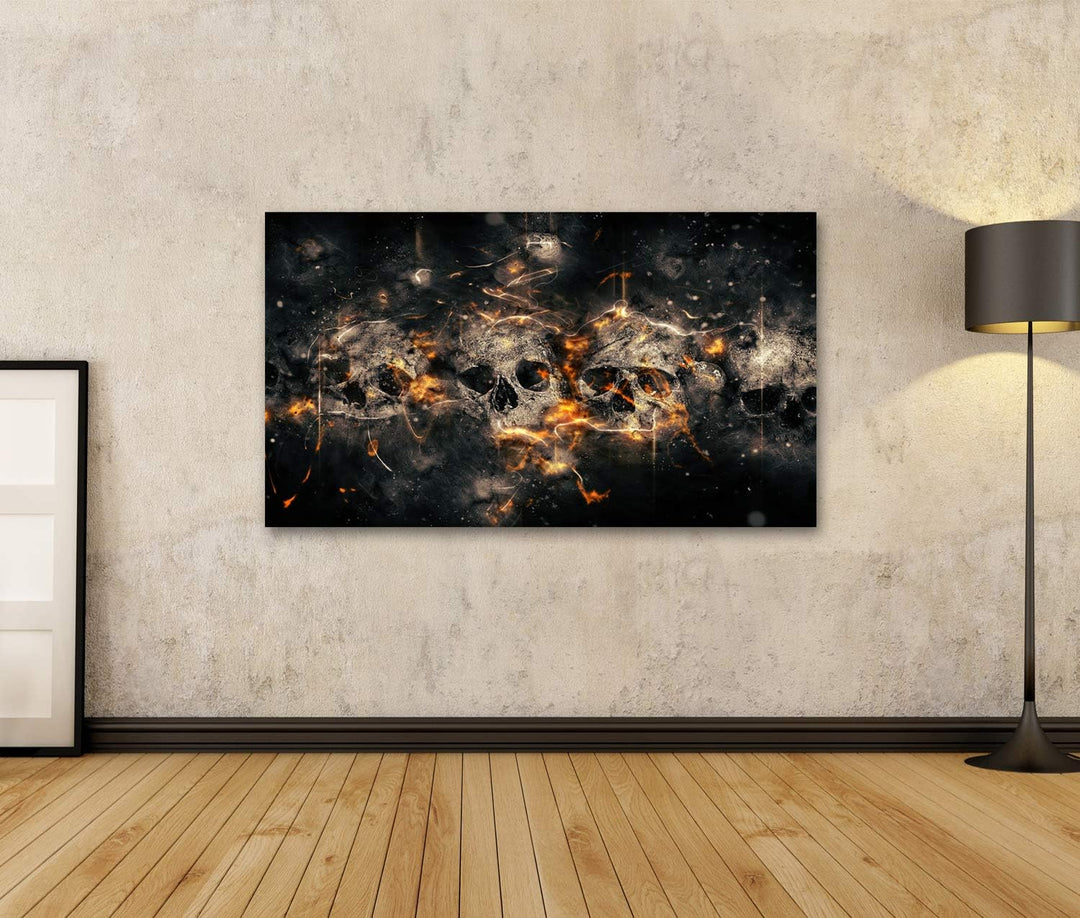 islandburner Bild auf Leinwand Totenkopf Skull Schädel Vor Feuer Hintergrund Bilder Wandbilder Poste