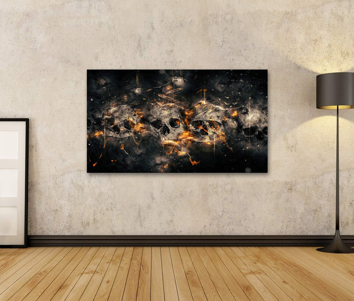 islandburner Bild auf Leinwand Totenkopf Skull Schädel Vor Feuer Hintergrund Bilder Wandbilder Poste