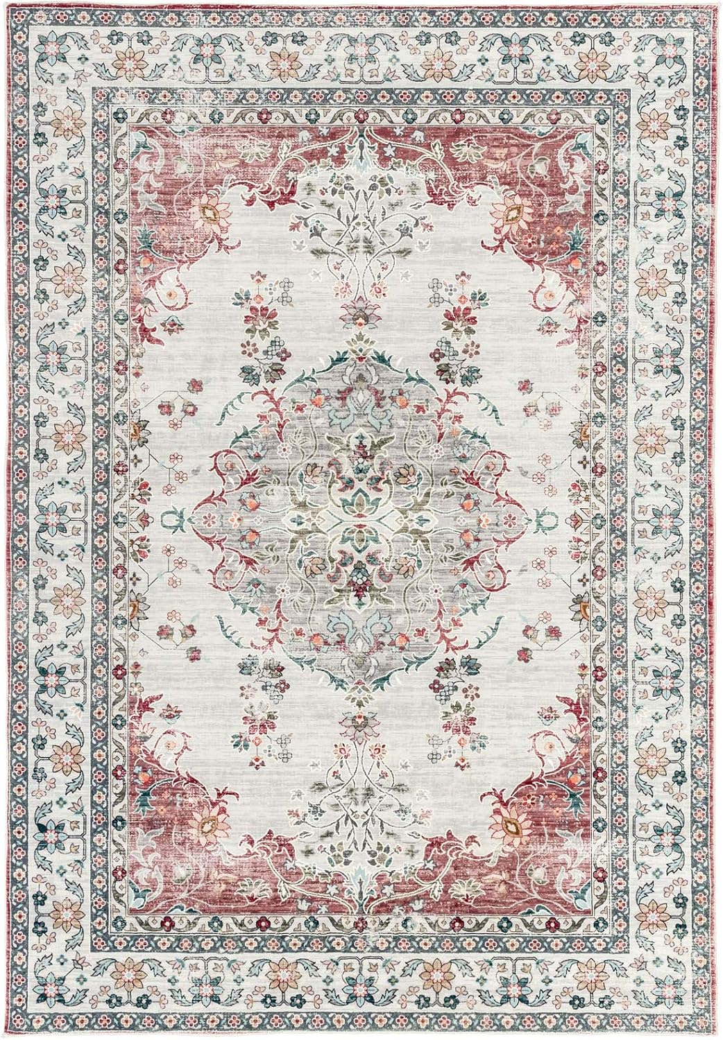TALETA Mila Teppich Wohnzimmer, Blumenteppich Kurzflor,Wasserabweisender Orientalischer Küchenteppic