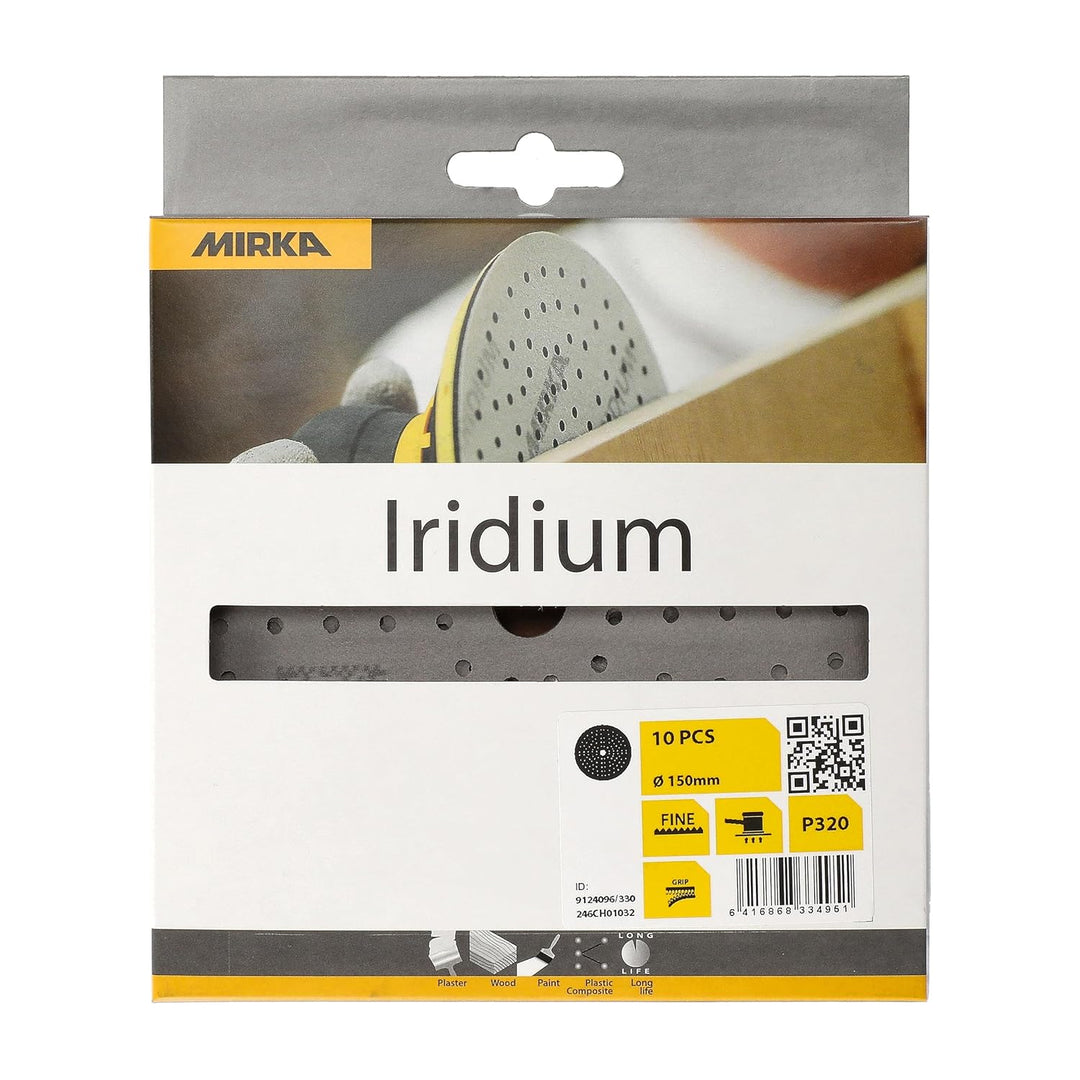 Mirka Iridium Premium-Schleifpapier Ø 150mm Klett 121-Loch, Korn 320, 10 Stk/Zum Schleifen von Lack,