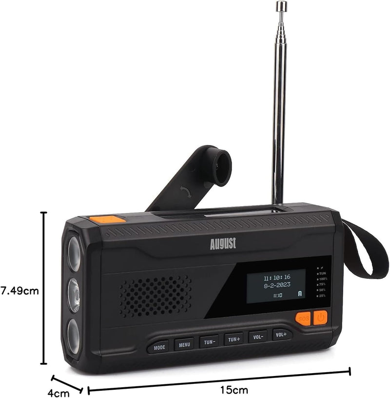 Kurbelradio DAB/FM/Bluetooth -August MB290B- Solar Radio 4500mAh wiederaufladbare Powerbank, 3 Modi