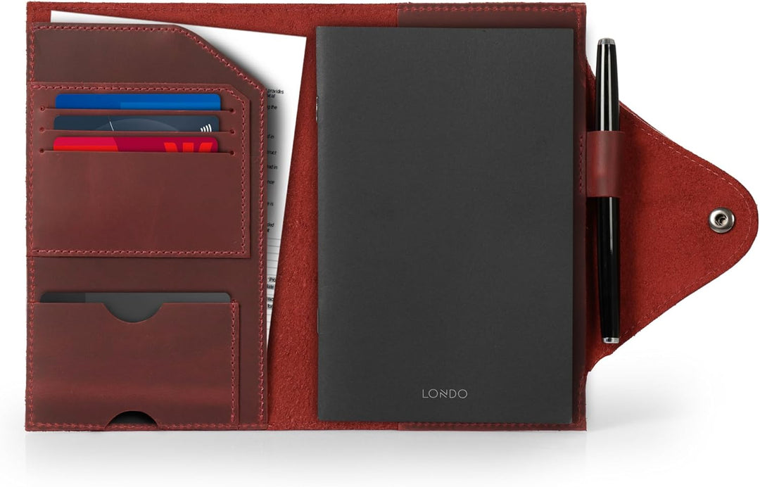 Londo Echtleder Schreibmappe Konferenzmappe mit Notizblock Notizblock und Schloss Rot M, Rot M