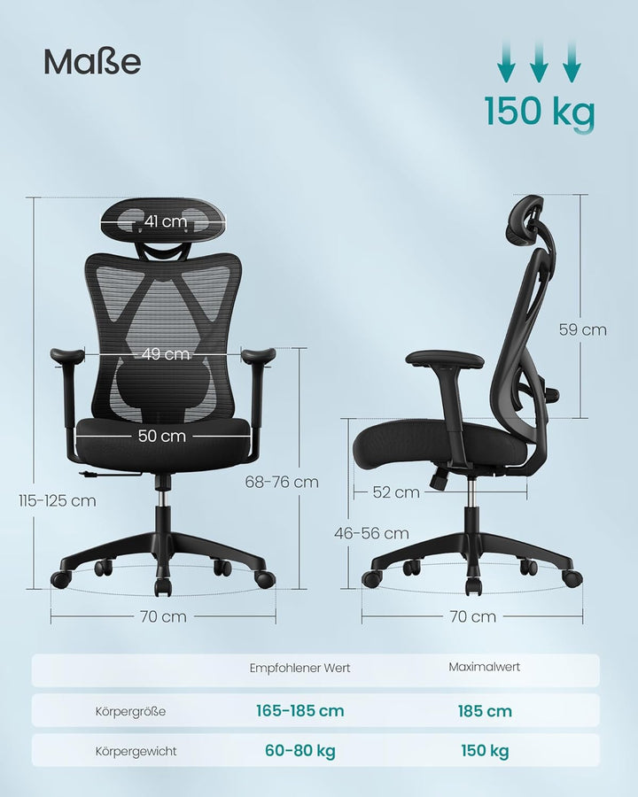SONGMICS Bürostuhl, ergonomischer Schreibtischstuhl, Computerstuhl, Netzstuhl, verstellbare Lendenst