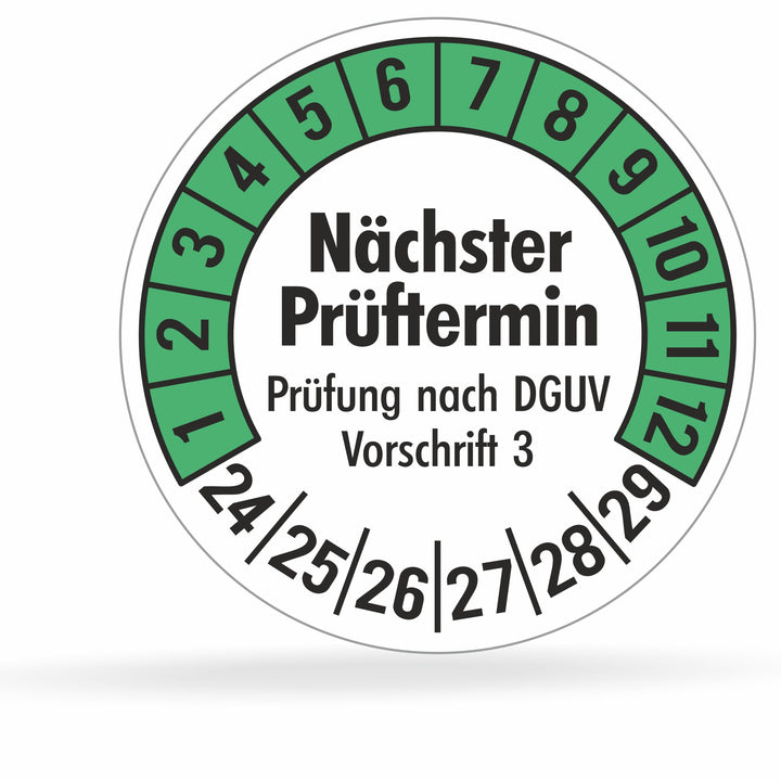 560 Prüfplaketten 20mmØ DGUV V3 "Nächster Prüftermin" 2024-2029, selbstklebend, Prüfaufkleber, E-Che