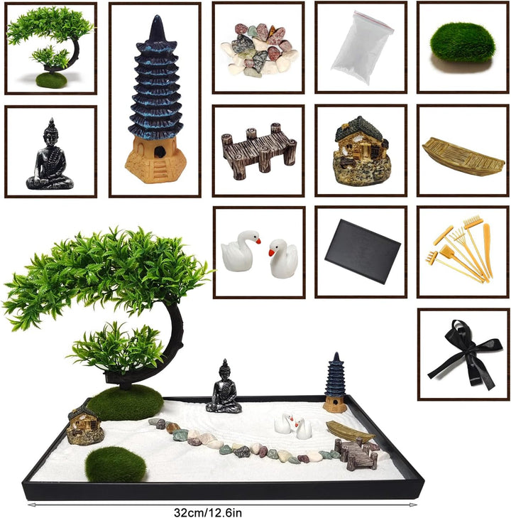 LuXianYS Japanischer Zen-Garten für den Schreibtisch,12x8 Zoll Home Zen Garten Set,Japanisches Zen S