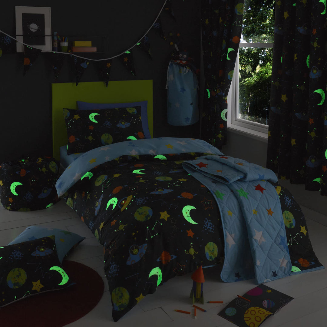 Happy Linen Company Mädchen Jungen Kinder Alien Abenteuer Weltraum Marineblau Einzelbett Wendebettwä