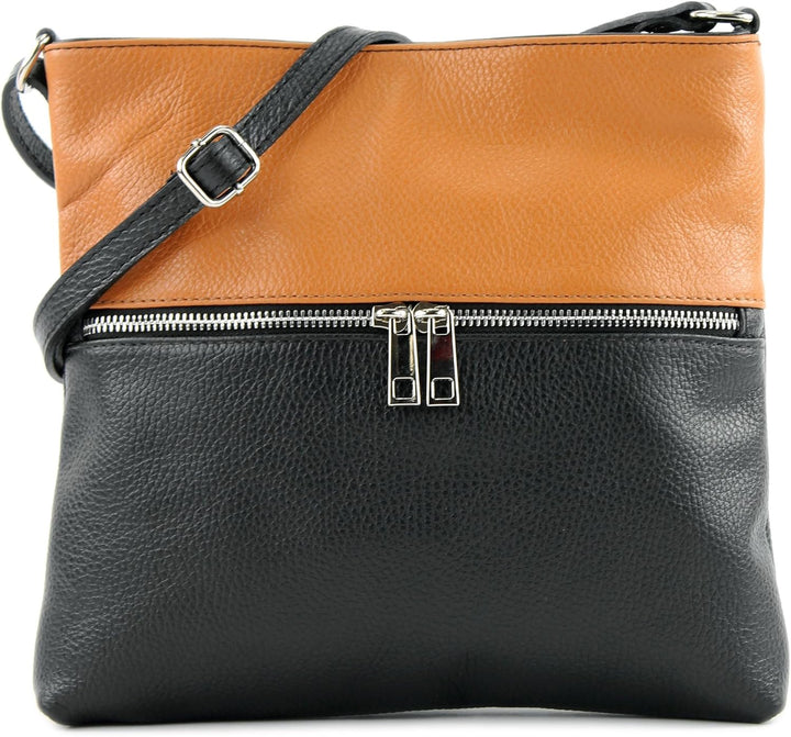 modamoda de - T144 - ital Umhängetasche Schultertasche aus Leder Schwarz/Camel, Schwarz/Camel