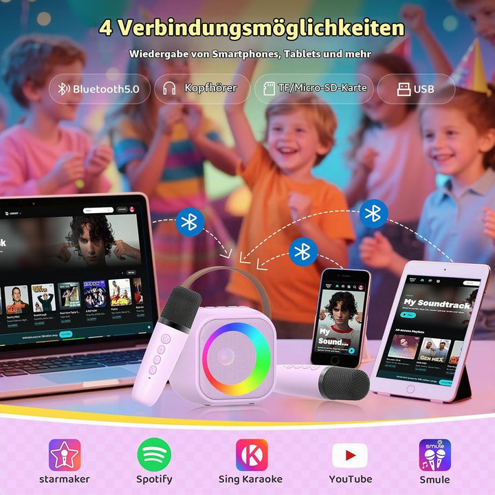 Karaoke Maschine mit 2 Karaoke Mikrofon, Tragbaren Bluetooth Lautsprecher für Erwachsene/Kinder, Ges