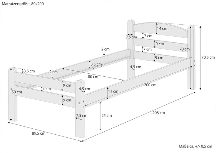 Erst-Holz Weisses Einzelbett Buche massiv 80x200 Bettgestell und wählbare Ausstattung V-60.45-08W, A