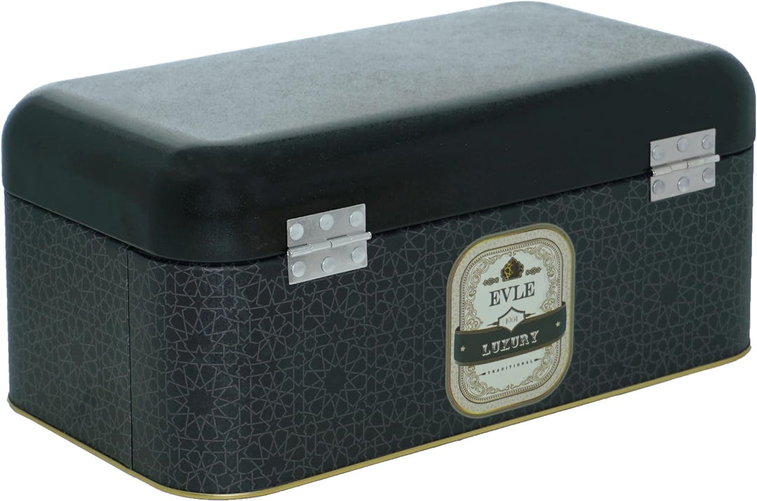 Lashuma Brot Aufbewahrung schwarz Luxus, Vintage Brotbox 36x21 cm, Brotkasten Blech mit Deckel, Luxu