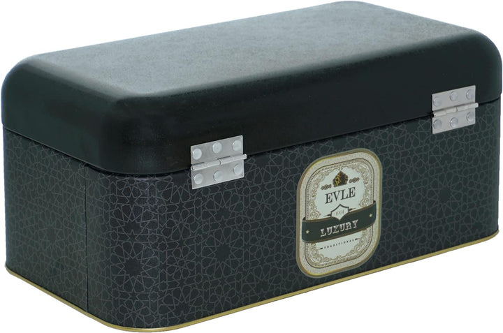 Lashuma Brot Aufbewahrung schwarz Luxus, Vintage Brotbox 36x21 cm, Brotkasten Blech mit Deckel, Luxu