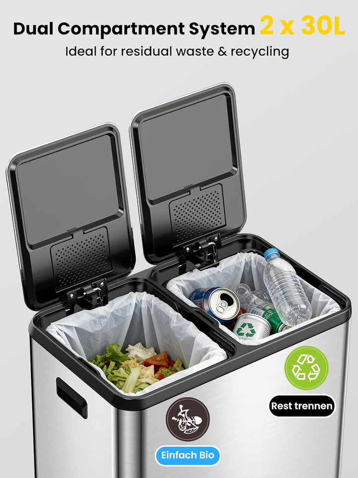 YEAUPE PRO Mülleimer Küche 2x30L Edelstahl, 60L Doppel Treteimer Mülltrennung, Abfalleimer mit Soft