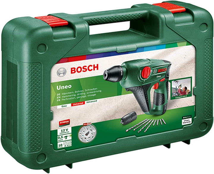 Bosch Akku Bohrhammer Uneo (1 Akku, 12 Volt System, Max. Bohr-Ø in Beton 10 mm, im Koffer) Set | 1 A