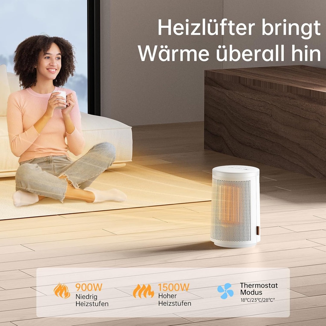 MYCARBON Heizlüfter Bad 900W/1500W Heizlüfter Energiesparend leise Thermostat 8H Timer 60°Oszillatio
