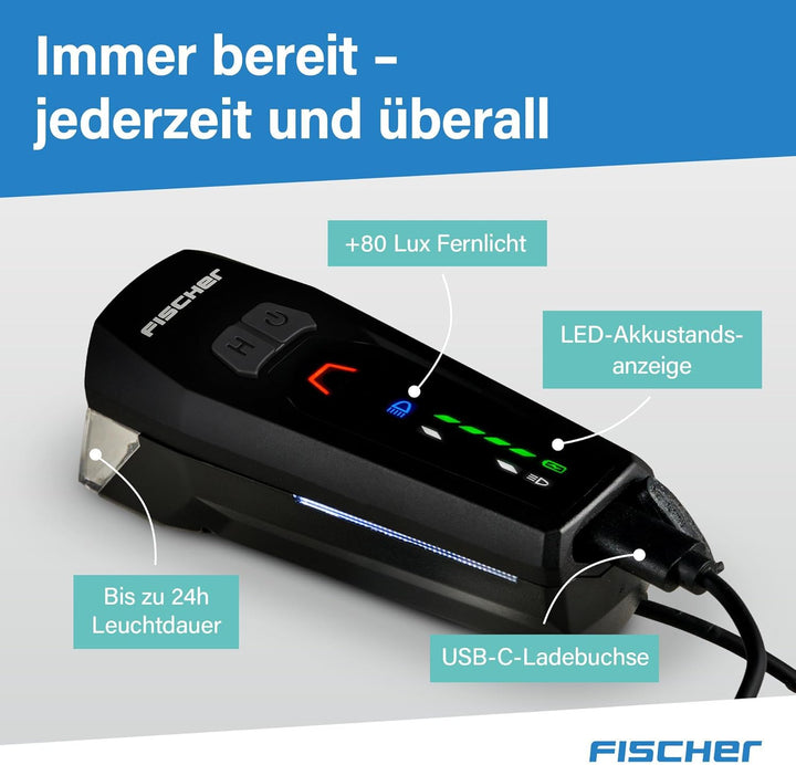 FISCHER Fahrrad LED-Frontlicht 100 Lux Fernlicht, mit Sensormodus, spritzwassergeschütztes Gehäuse,