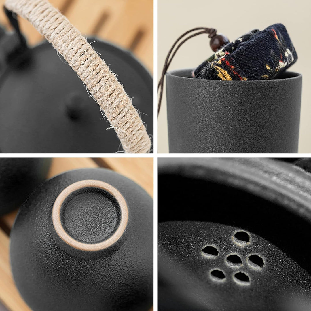 fanquare Japanisches Tragbare Reise Tee Set mit Reisetasche, Schwarz Porzellan Tee Service mit Teeka