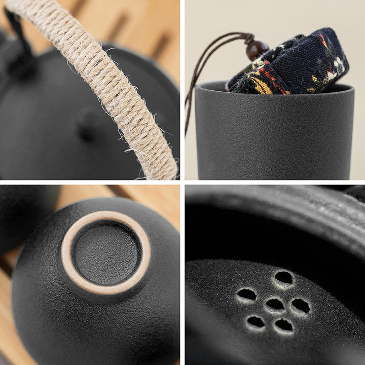 fanquare Japanisches Tragbare Reise Tee Set mit Reisetasche, Schwarz Porzellan Tee Service mit Teeka