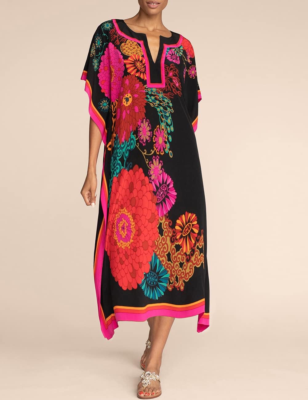 Bsubseach Damen Casual Beach Kaftan Kleid Kurzarm Loungewear Caftan Strandkleid C-Black Flower, C-Bl