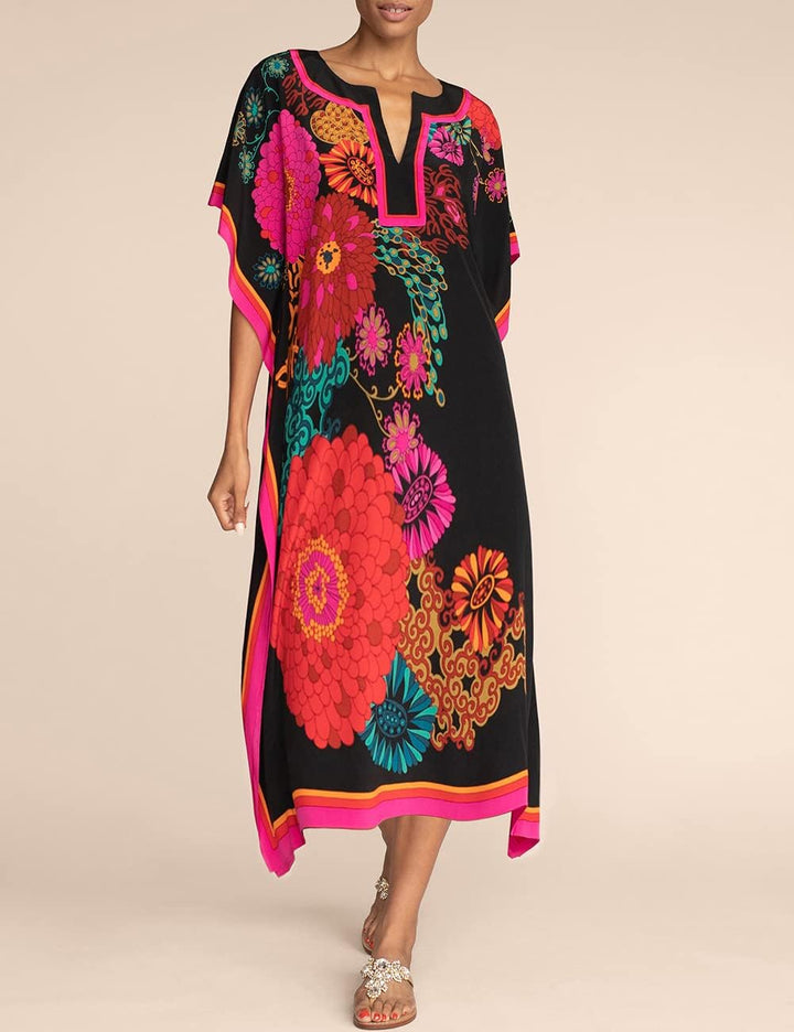 Bsubseach Damen Casual Beach Kaftan Kleid Kurzarm Loungewear Caftan Strandkleid C-Black Flower, C-Bl