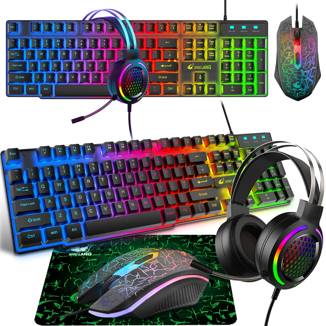 Gaming Tastatur Headset & Maus Set, 104 Tasten Rainbow Backlit UK Layout Tastatur 2400DPI Maus 7.1 S