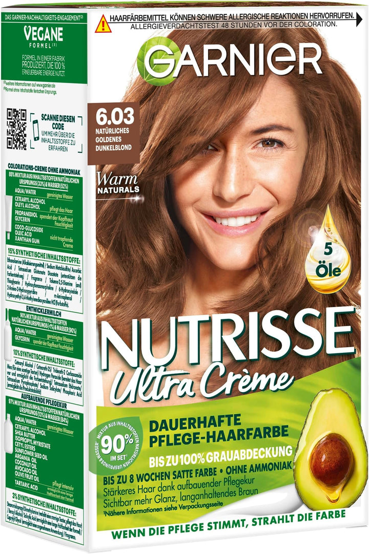 Garnier Nutrisse Ultra Creme Dauerhafte Pflege-Haarfarbe 6.03 Natürliches Goldenes Dunkelblond mit b