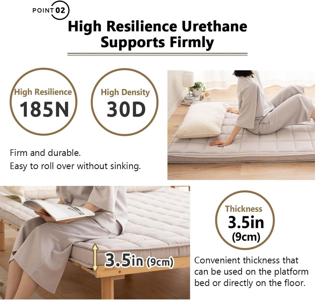 EMOOR Japanische Gepolsterte Futon-Matratze Machi 160 x 202 cm Grau, Zwickel Faltbar Verstaubar Elas