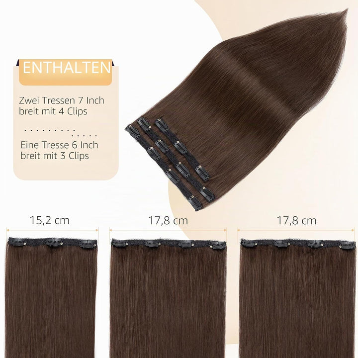S-noilite Clip in Extensions Echthaar Dunkelbraun 25cm 56g Extensions Clip in Echthaar Haarverlänger