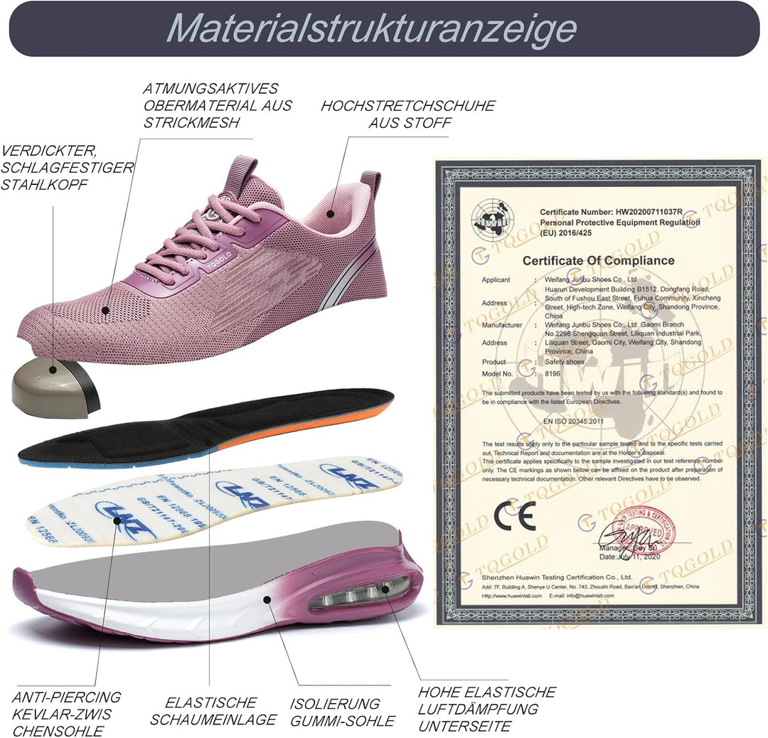tqgold Arbeitsschuhe Herren Damen Sicherheitsschuhe Leicht Atmungsaktiv rutschfest Luftkissen Sneake