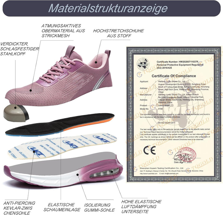 tqgold Arbeitsschuhe Herren Damen Sicherheitsschuhe Leicht Atmungsaktiv rutschfest Luftkissen Sneake
