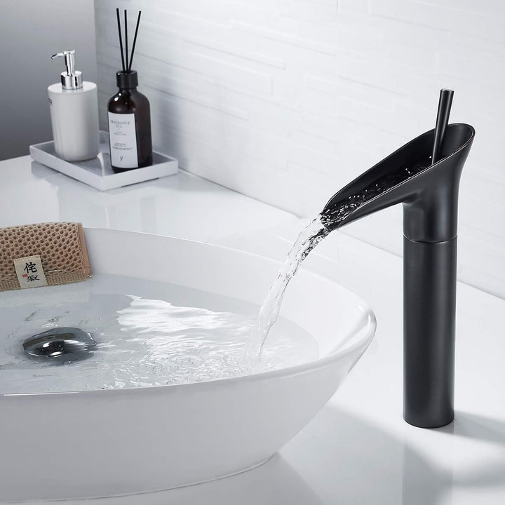 Retro Wasserfall Waschtischarmatur Schwarz Matt, Einhebel Armatur für Bad mit Messing Finish, G3/8,
