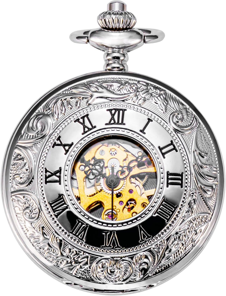 TREEWETO Unisex Taschenuhr mit Kette Analog Handaufzug Doppelscharnier Römische Ziffern Gold/Silber