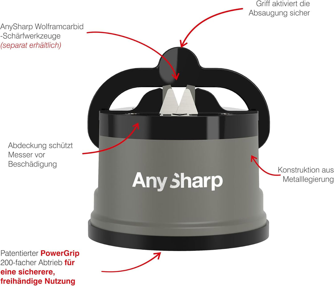 AnySharp Messerschärfer, Freihändige Sicherheit, PowerGrip Saugnapf, Sicheres Schärfen aller Küchenm