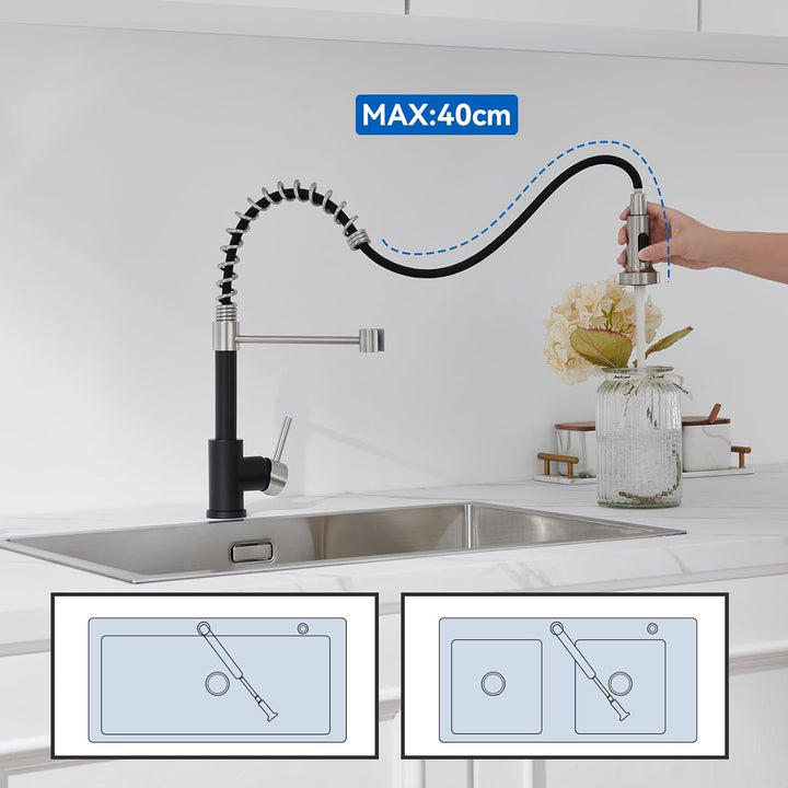 Auralum Wasserhahn Küche Schwarz, Küchenarmatur mit Brause Ausziehbar, Mischbatterie küche mit 2 Str