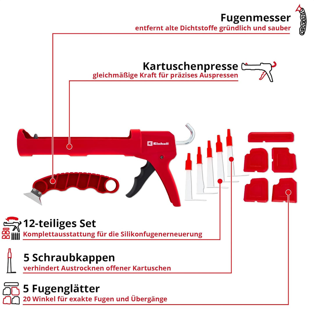 Einhell Kartuschenpressen-Set Basic, 12-tlg. (Kartuschenpresse, Fugenmesser aus Edelstahl, 5 Fugengl