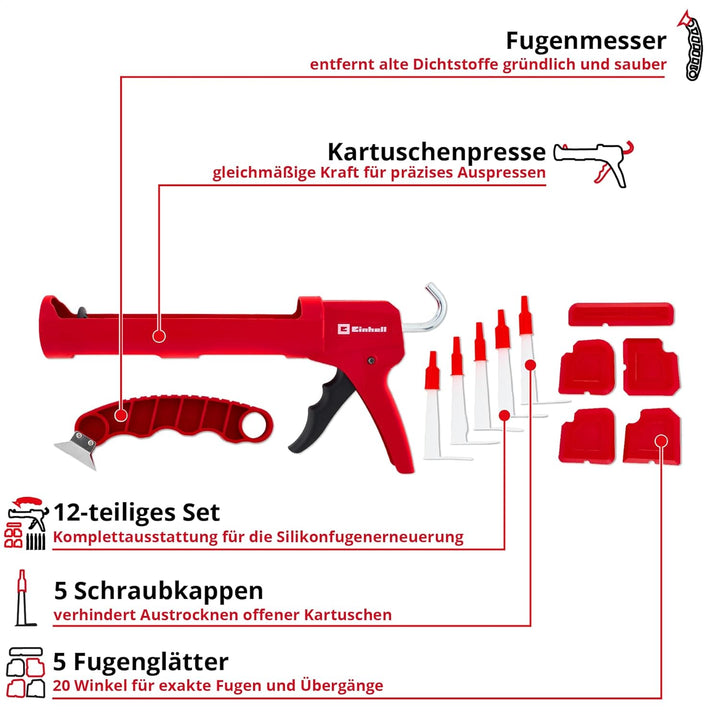 Einhell Kartuschenpressen-Set Basic, 12-tlg. (Kartuschenpresse, Fugenmesser aus Edelstahl, 5 Fugengl