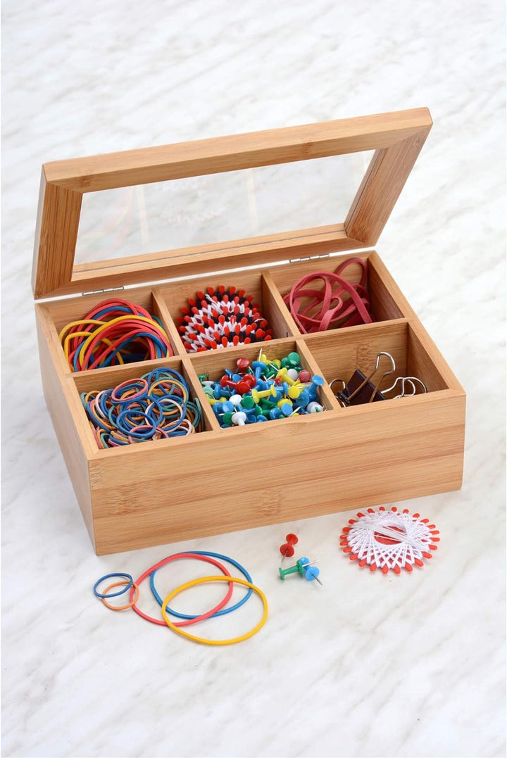 GRÄWE Aufbewahrungsbox aus Bambus mit 6 Fächern, klappbarer Deckel, Sichtfenster, Box zur Aufbewahru