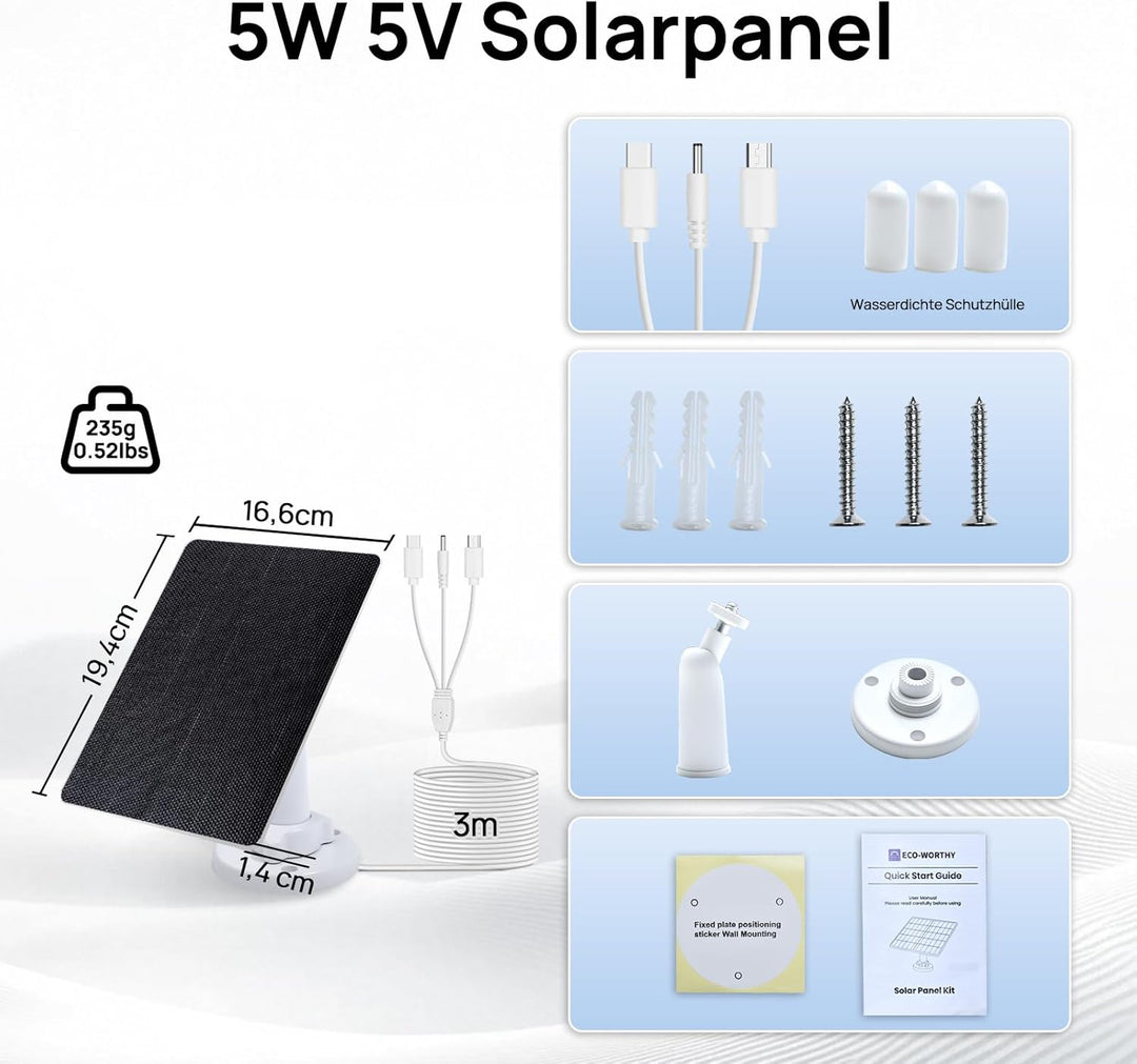 ECO-WORTHY 5W Solarpanel für Überwachungskamera aussen, 5V BC Solarmodul, 25% Wirkungsgrad, mit 3 Me