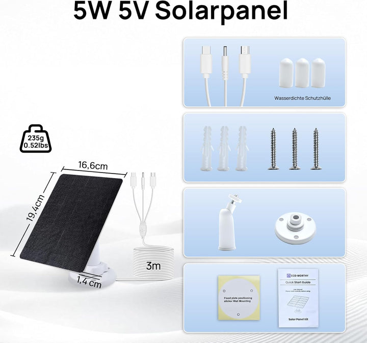 ECO-WORTHY 5W Solarpanel für Überwachungskamera aussen, 5V BC Solarmodul, 25% Wirkungsgrad, mit 3 Me