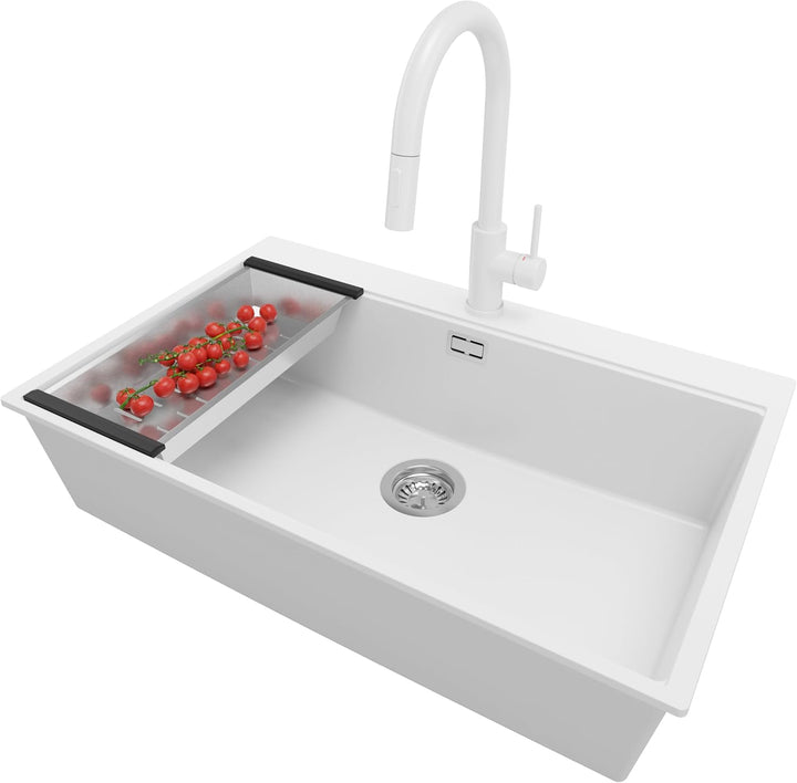 PRIMAGRAN Granitspüle Weiss 78x50cm, Spülbecken 1 Becken + Ablauf-Set + Küchenarmatur 40x22cm, Küche