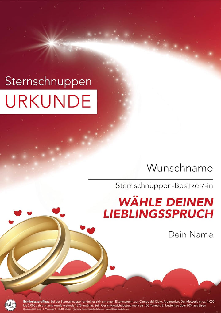 happylandgifts® Premium | Echte Sternschnuppe als HOCHZEITSGESCHENK | Personalisierte Urkunde mit Wu
