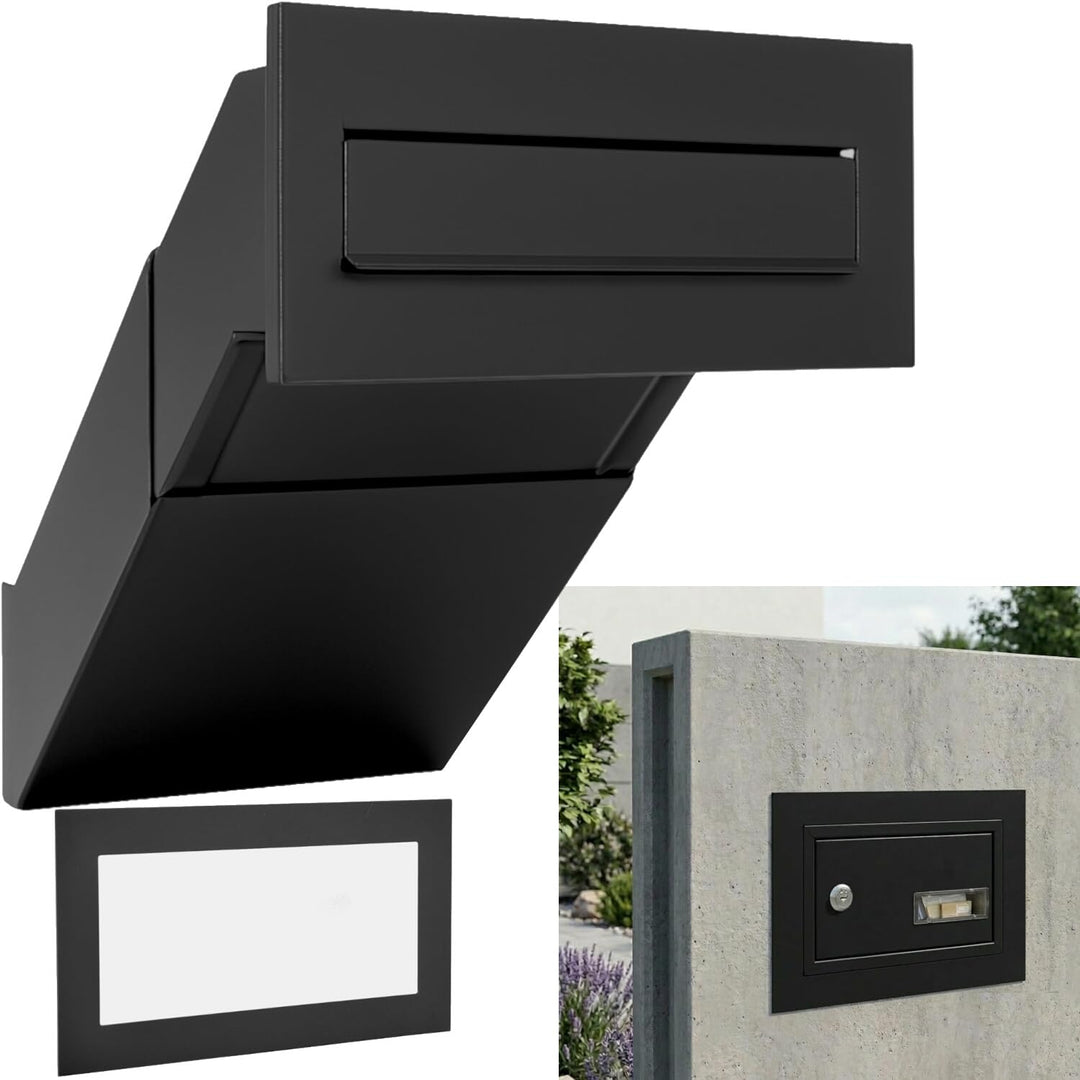 Mauerdurchwurf Briefkasten Schwarz Matt RAL 9017 mit Rahmen Einbaubriefkasten XXL Wandstärke 260–420