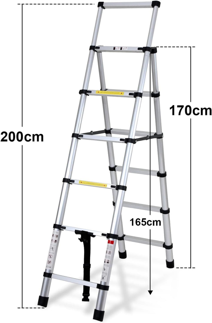 Eulenke Teleskopleiter 1.7m+2.0m Aluminium Trittleiter - 5+6 Stufen Tragbare rutschfeste Klappleiter