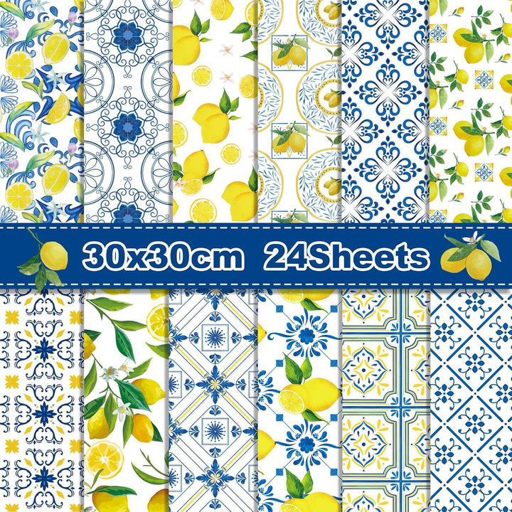 Fruchtmuster Scrapbook Papier, 24 Blatt/12 Designs Doppelseitiges Bastelpapier, Zitronenmuster Dekor