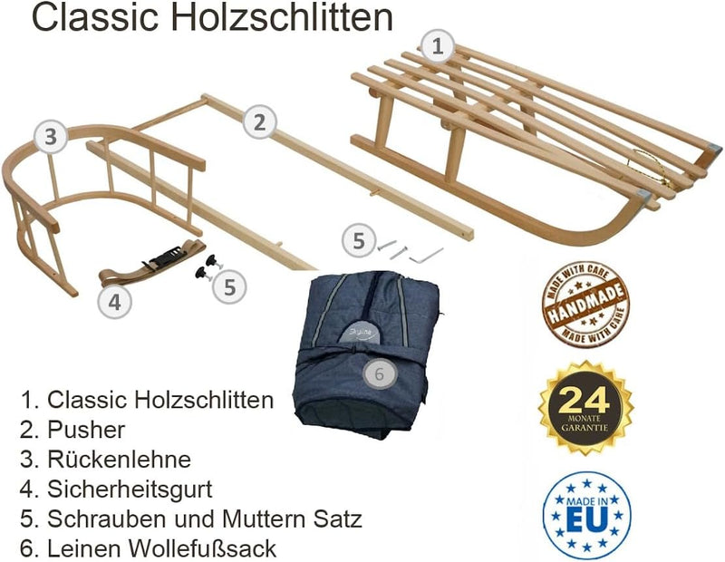 Holzschlitten für Kinder mit Rückenlehne Rodelschlitten Davoser Schlitten aus Holz mit einem Sicherh