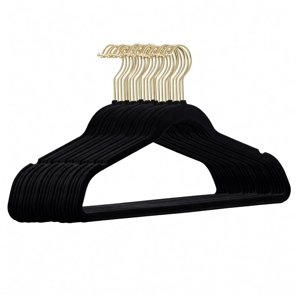 25 Stück hochwertige Samt Kleiderbügel in der Farbe Schwarz mit Gold Look Haken/Anti-Rutsch/von Stic